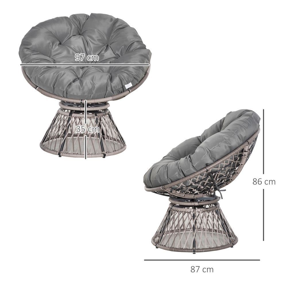image-360� Swivel Rattan Papasan Moon Bowl Chair Round Outdoor Padded-Grey Outsunny