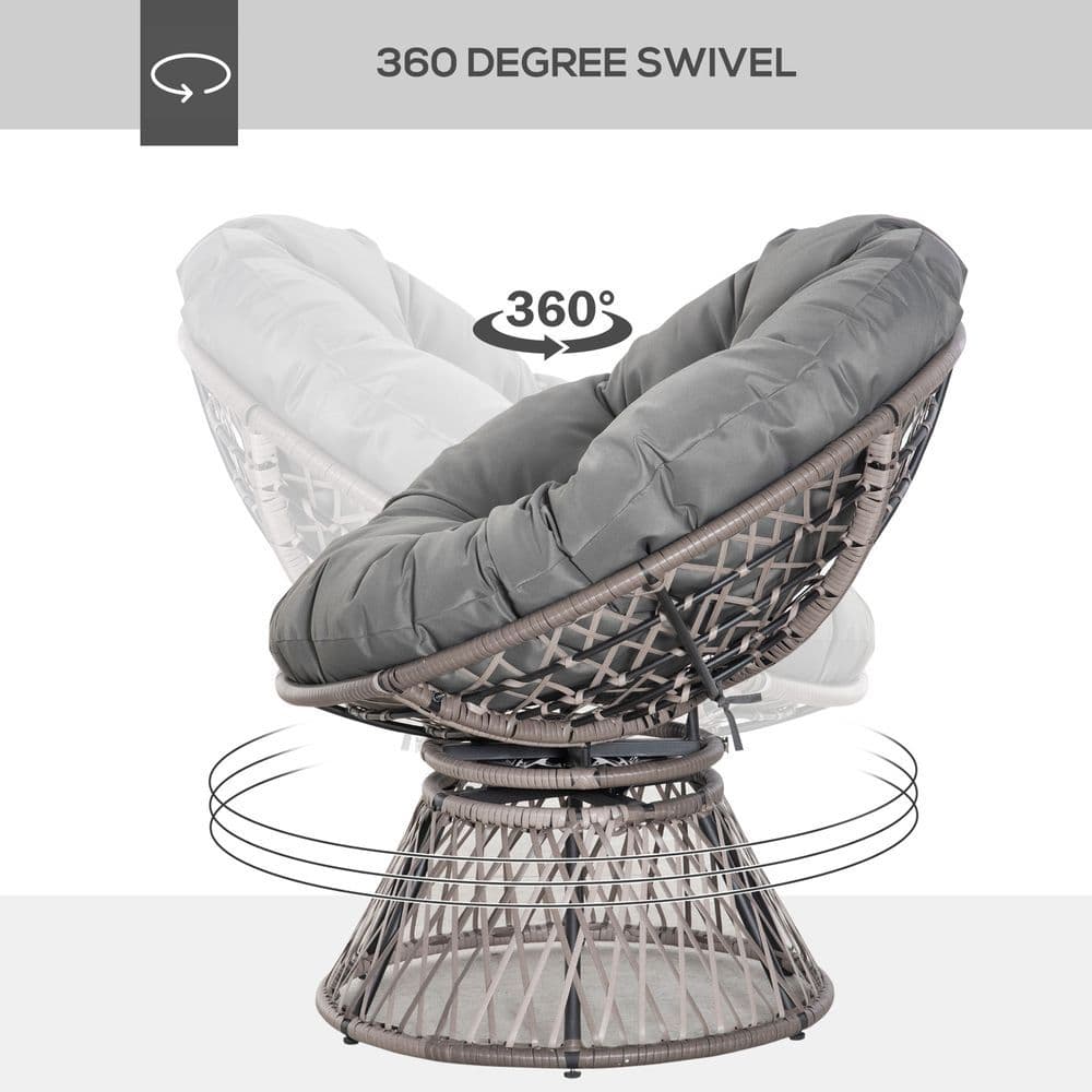 image-360� Swivel Rattan Papasan Moon Bowl Chair Round Outdoor Padded-Grey Outsunny