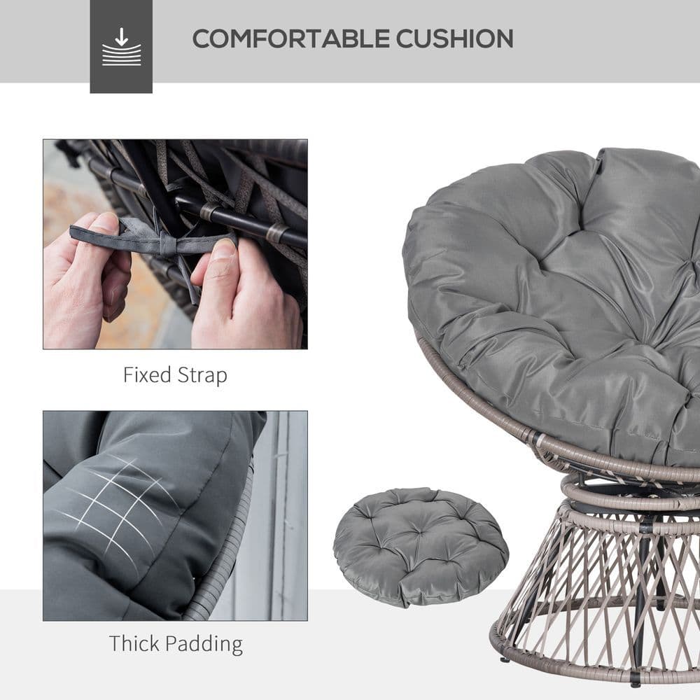 image-360� Swivel Rattan Papasan Moon Bowl Chair Round Outdoor Padded-Grey Outsunny