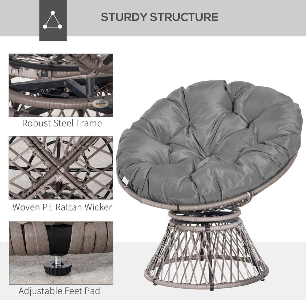 image-360� Swivel Rattan Papasan Moon Bowl Chair Round Outdoor Padded-Grey Outsunny