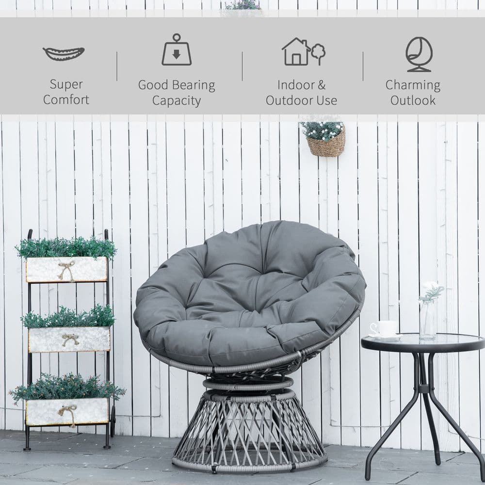 image-360� Swivel Rattan Papasan Moon Bowl Chair Round Outdoor Padded-Grey Outsunny