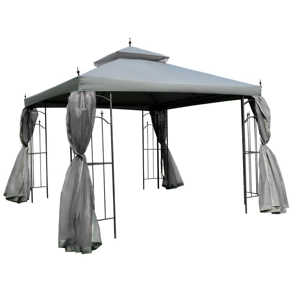 image-3 x 3(m) Garden Gazebo Double Top Gazebo Canopy w/ Curtains Grey Outsunny