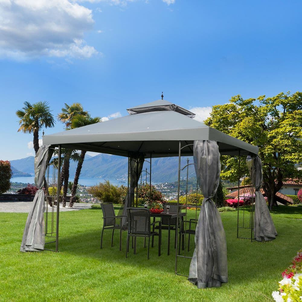 image-3 x 3(m) Garden Gazebo Double Top Gazebo Canopy w/ Curtains Grey Outsunny