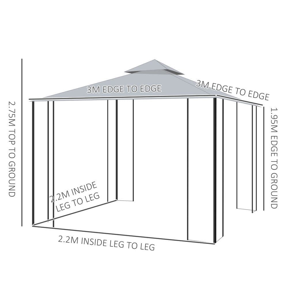 image-3 x 3(m) Garden Gazebo Double Top Gazebo Canopy w/ Curtains Grey Outsunny