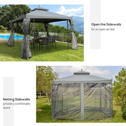image-3 x 3(m) Garden Gazebo Double Top Gazebo Canopy w/ Curtains Grey Outsunny