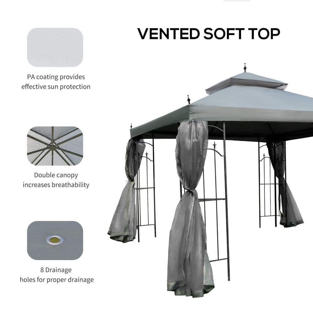 image-3 x 3(m) Garden Gazebo Double Top Gazebo Canopy w/ Curtains Grey Outsunny