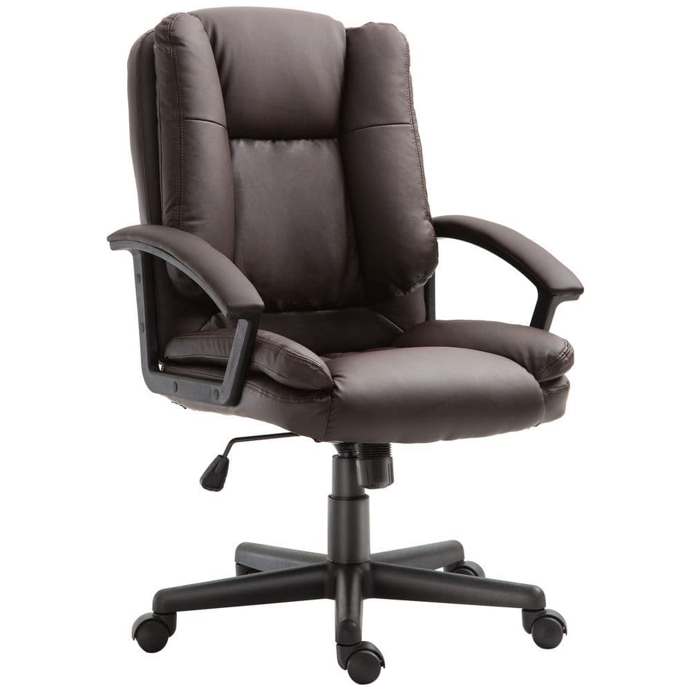 image-Swivel Executive Office Chair Mid Back PU Leather Chair w/ Arm, Brown HOMCOM