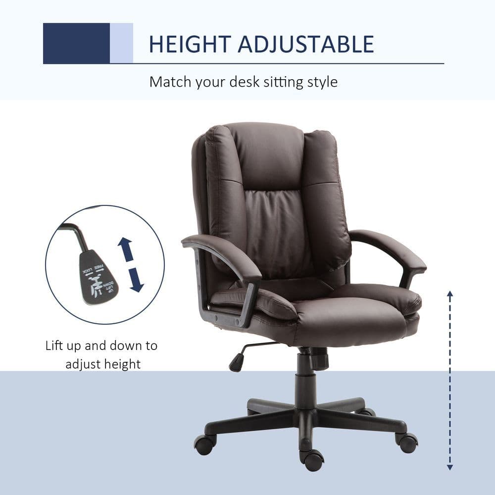 image-Swivel Executive Office Chair Mid Back PU Leather Chair w/ Arm, Brown HOMCOM