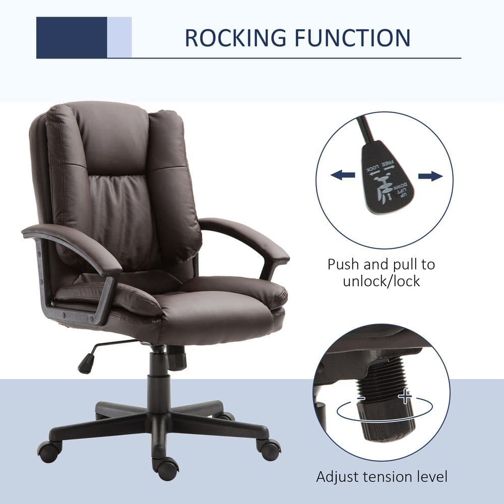 image-Swivel Executive Office Chair Mid Back PU Leather Chair w/ Arm, Brown HOMCOM
