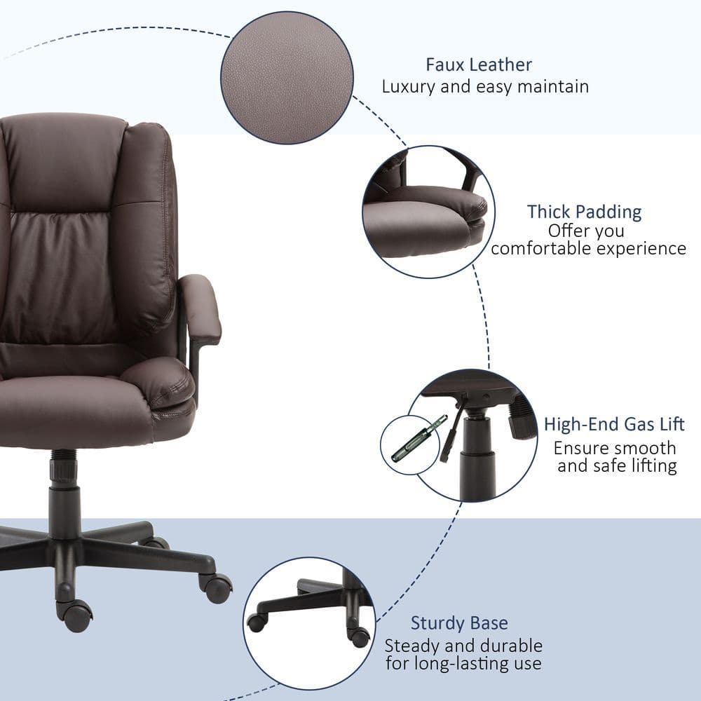 image-Swivel Executive Office Chair Mid Back PU Leather Chair w/ Arm, Brown HOMCOM