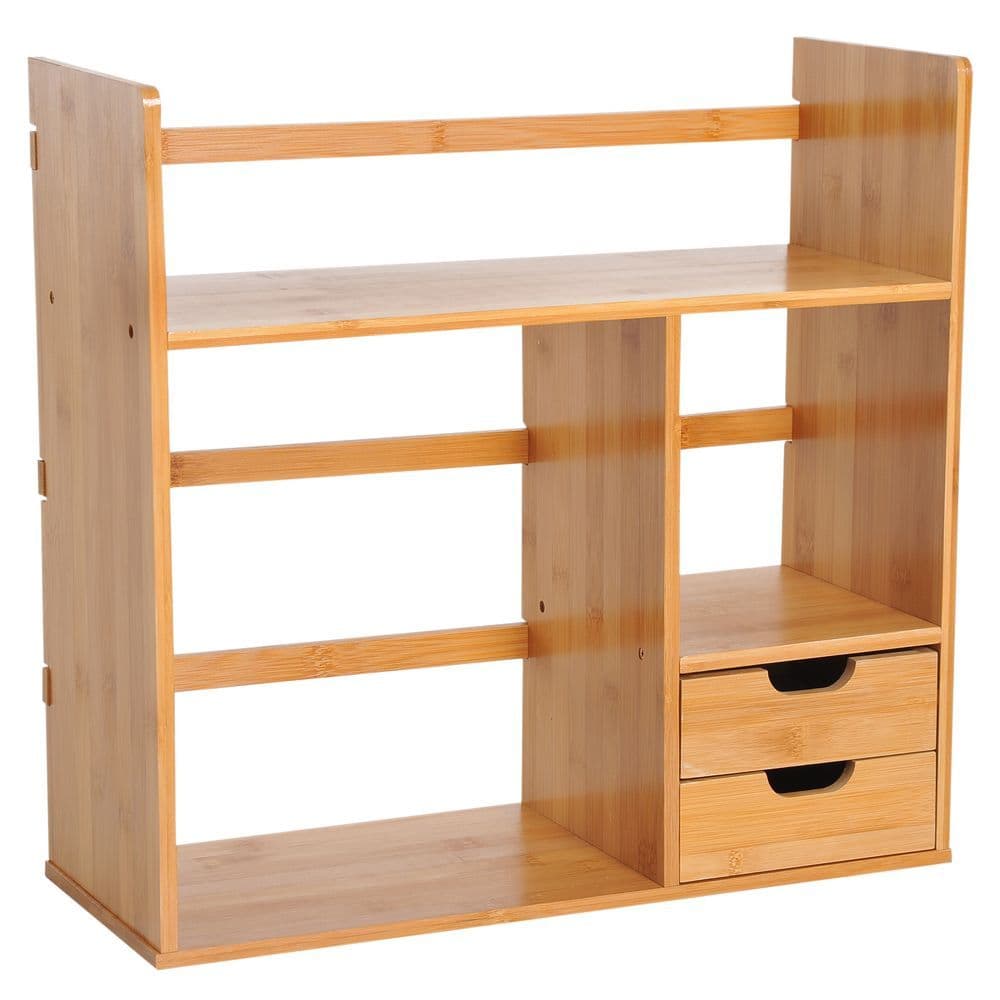 image-Desk Organiser Desktop Bookshelf 180 Degree Rotatable 2 Drawers Bamboo