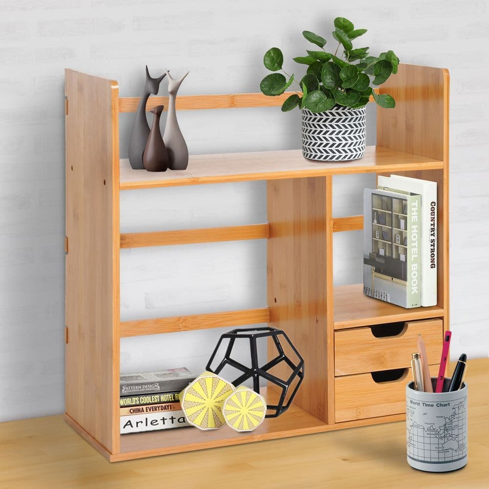 image-Desk Organiser Desktop Bookshelf 180 Degree Rotatable 2 Drawers Bamboo