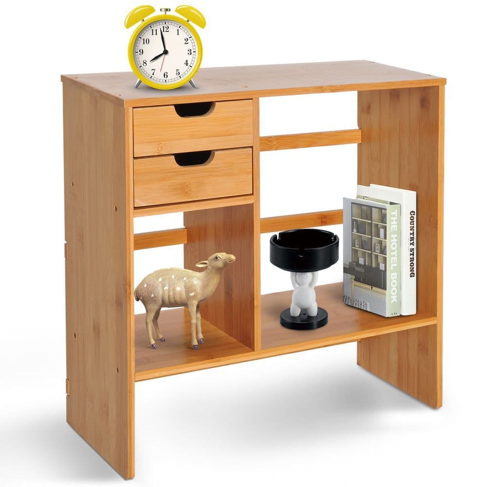 image-Desk Organiser Desktop Bookshelf 180 Degree Rotatable 2 Drawers Bamboo