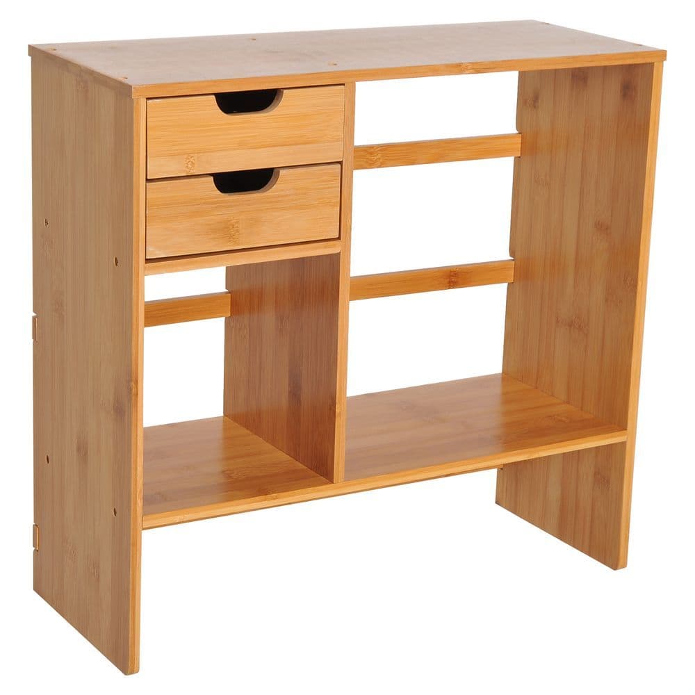 image-Desk Organiser Desktop Bookshelf 180 Degree Rotatable 2 Drawers Bamboo