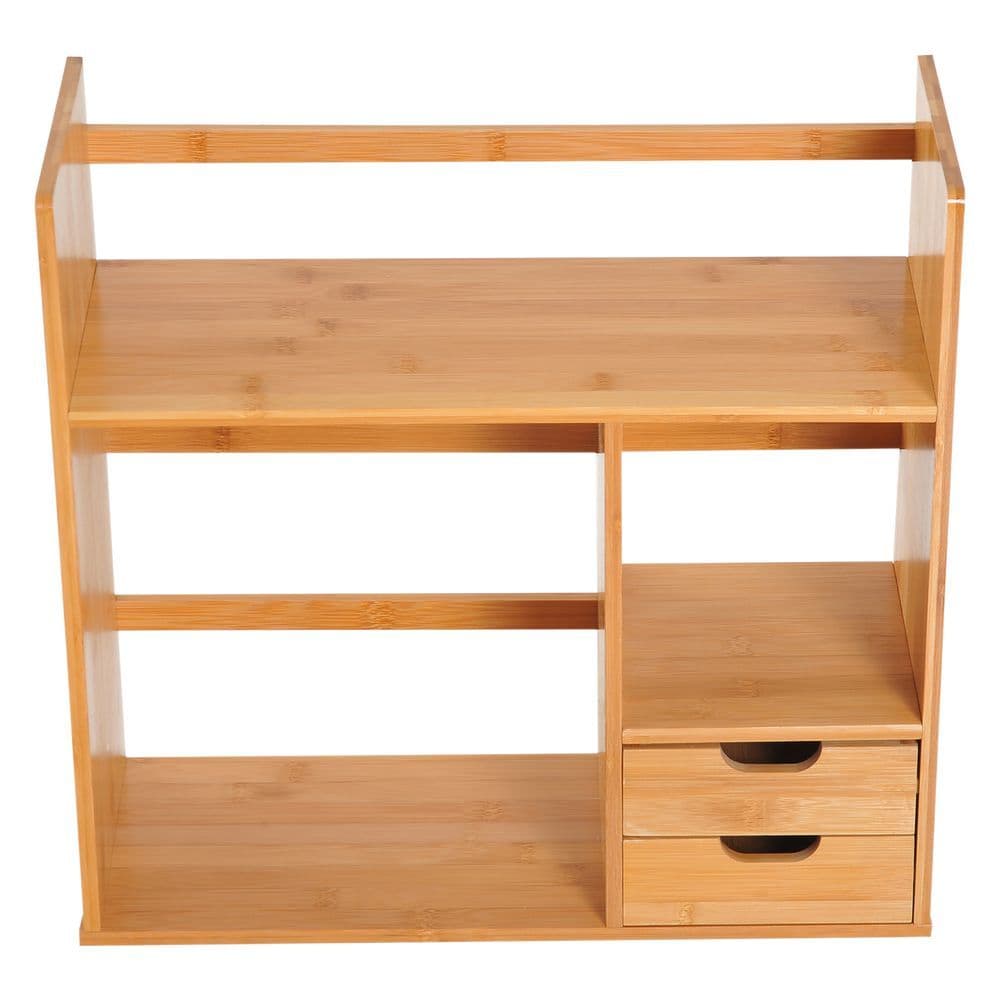 image-Desk Organiser Desktop Bookshelf 180 Degree Rotatable 2 Drawers Bamboo