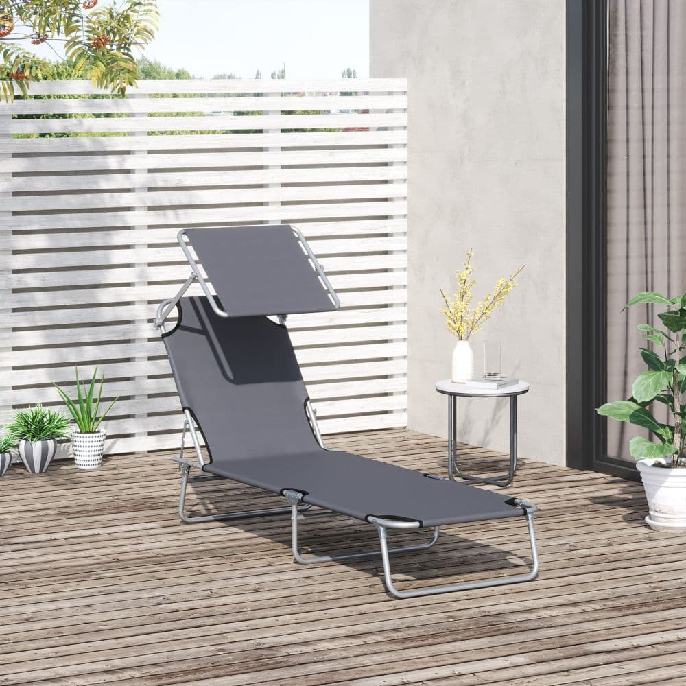 image-Folding Chair Sun Lounger Recliner Seat Sunshade Garden Outdoor Grey