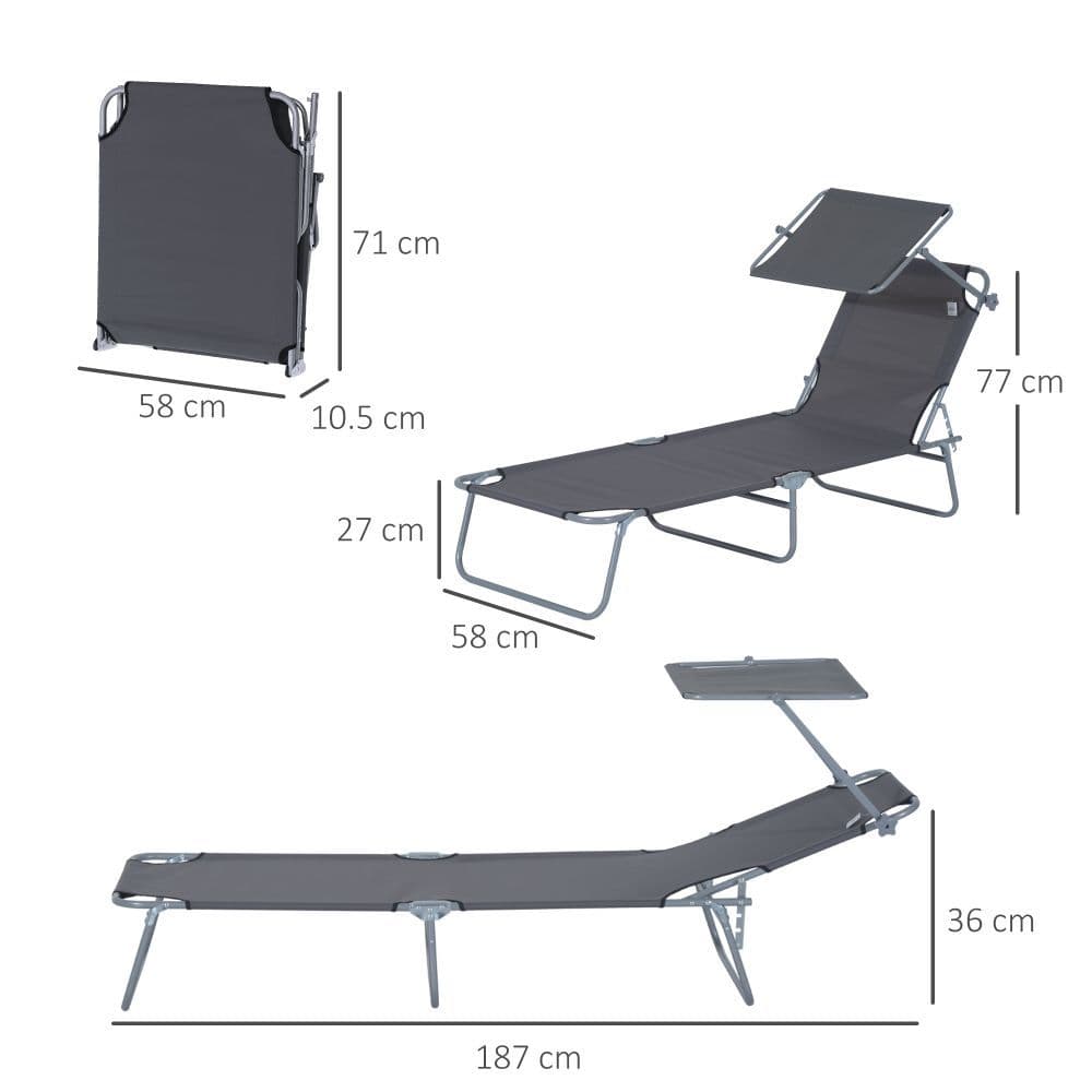 image-Folding Chair Sun Lounger Recliner Seat Sunshade Garden Outdoor Grey