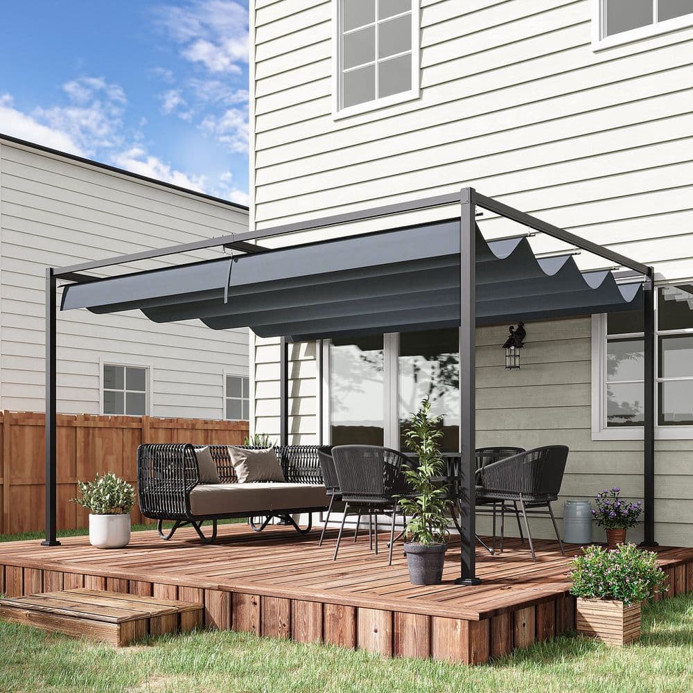 image-4 x 3m Metal Pergola Gazebo Patio Sun Shelter Retractable Canopy Grey Outsunny