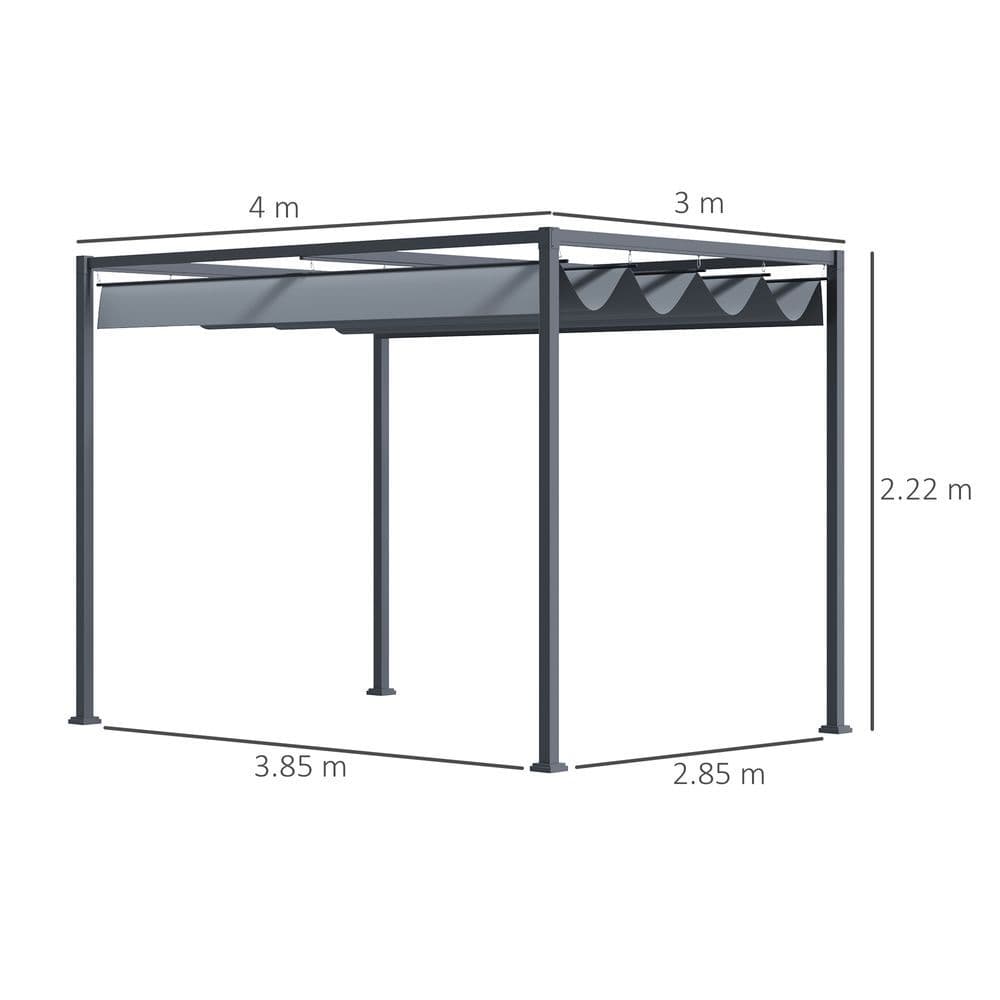 image-4 x 3m Metal Pergola Gazebo Patio Sun Shelter Retractable Canopy Grey Outsunny