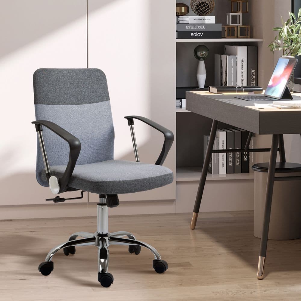image-Office Chair Linen Swivel Desk Chair Home Study Rocker w/ Wheel, Grey Vinsetto