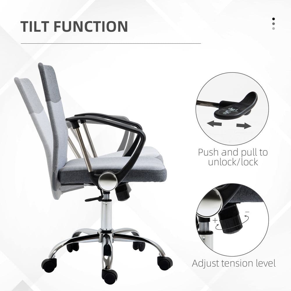 image-Office Chair Linen Swivel Desk Chair Home Study Rocker w/ Wheel, Grey Vinsetto