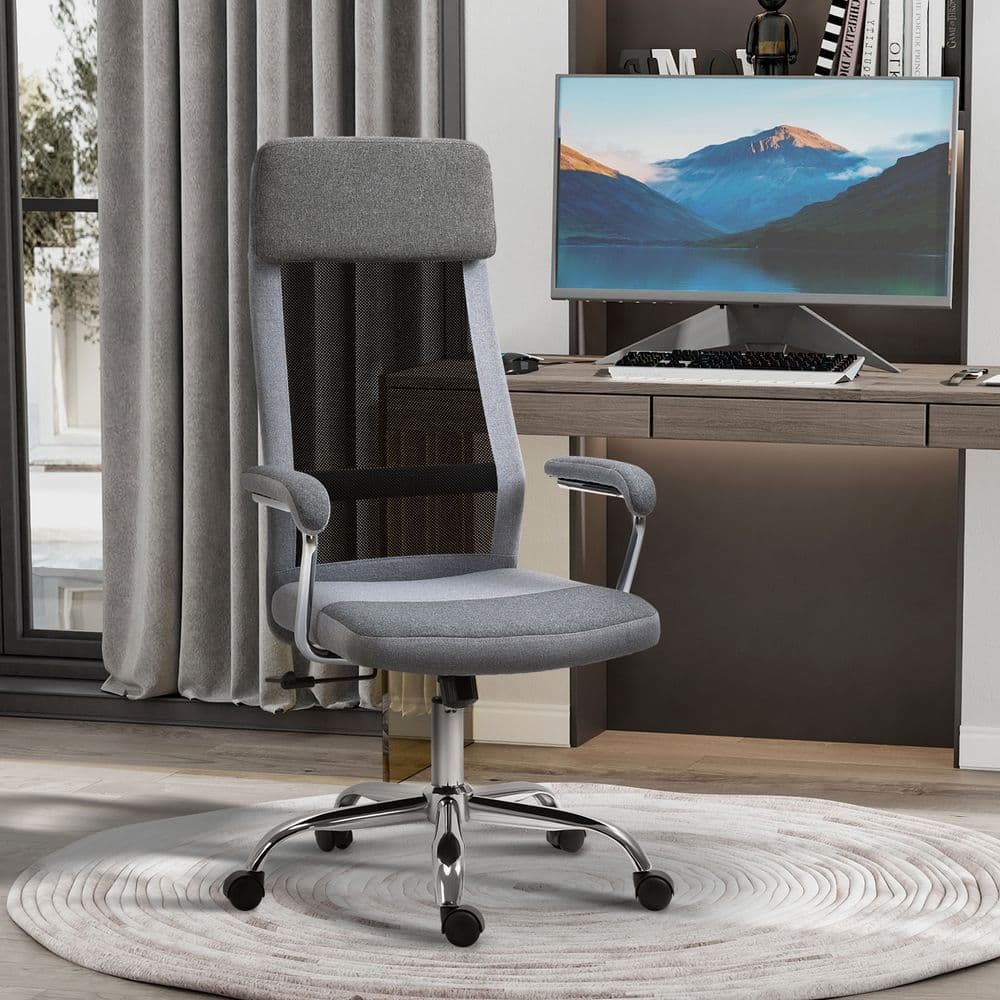 image-Office Chair Mesh High Back Swivel Task Home Desk Chair w/ Arm, Grey Vinsetto