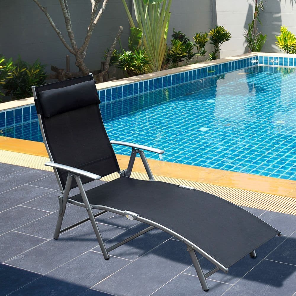 image-Sun Lounger Recliner Foldable 7 Levels Textilene Black Patio