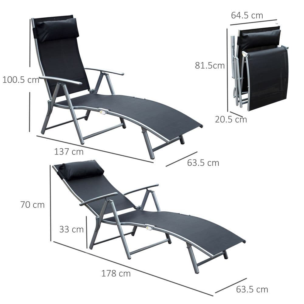 image-Sun Lounger Recliner Foldable 7 Levels Textilene Black Patio