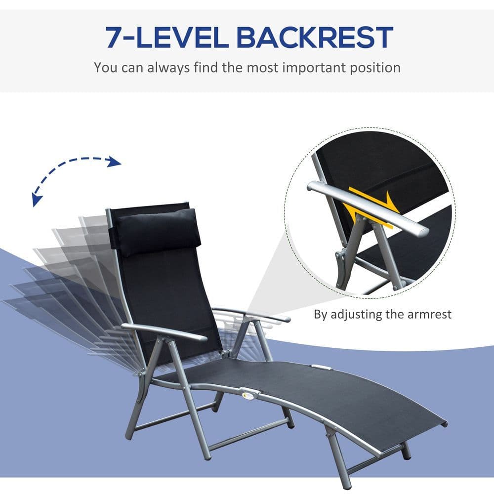 image-Sun Lounger Recliner Foldable 7 Levels Textilene Black Patio