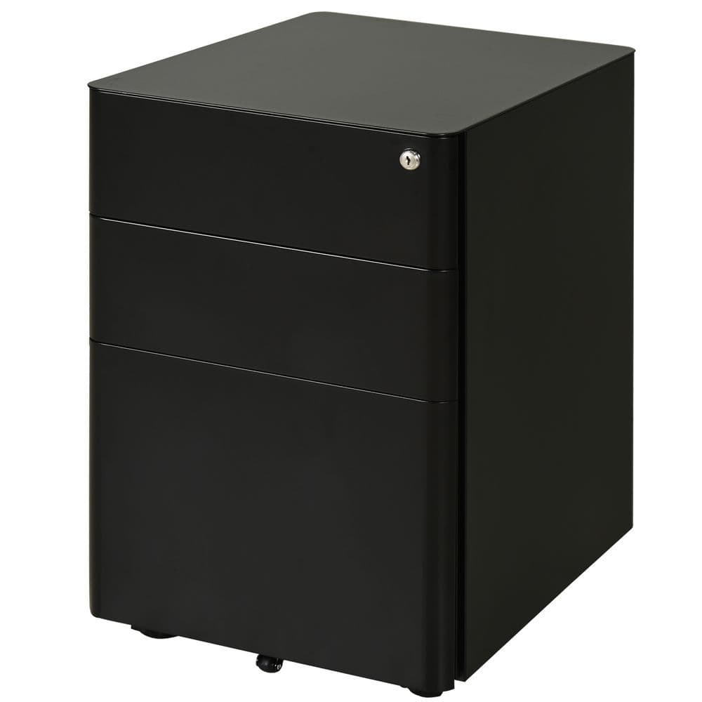 image-3 Draw Metal Filing Cabinet Lockable 4 Wheel Compact Under Desk Black Vinsetto