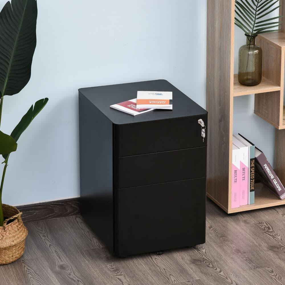 image-3 Draw Metal Filing Cabinet Lockable 4 Wheel Compact Under Desk Black Vinsetto