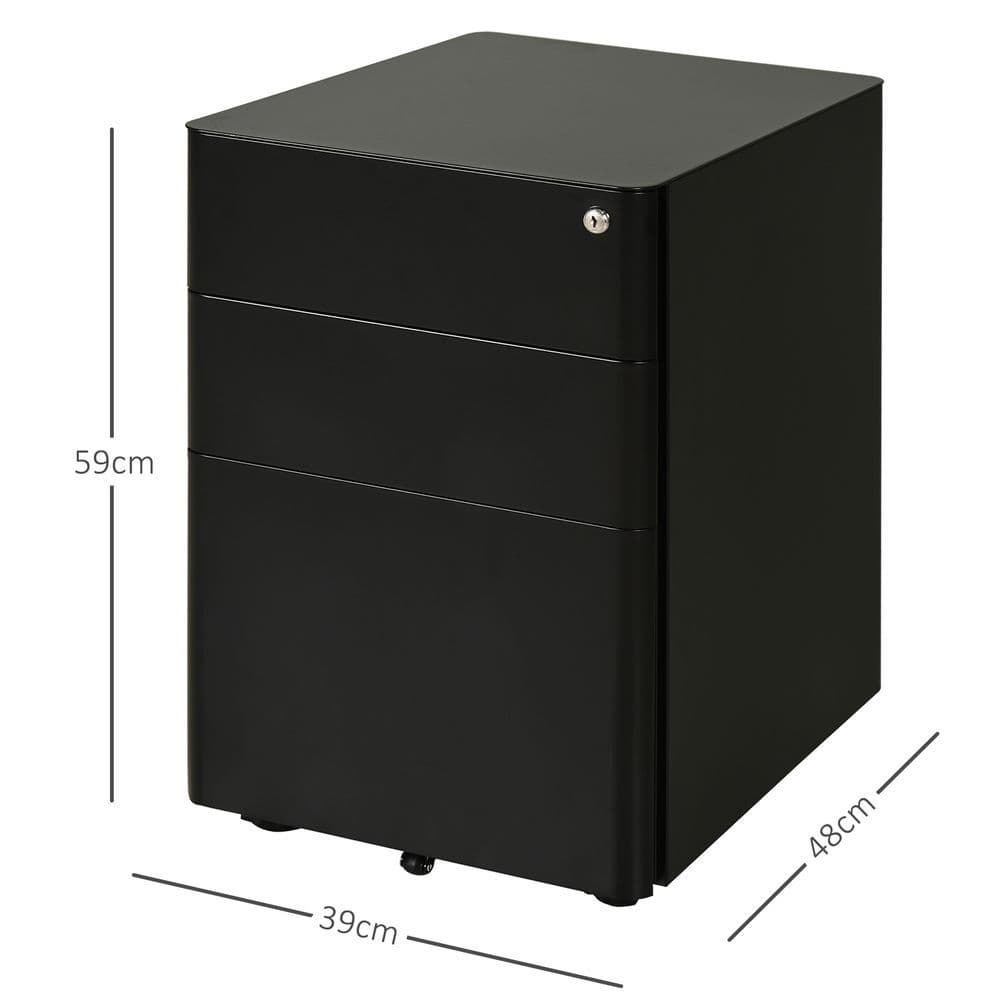 image-3 Draw Metal Filing Cabinet Lockable 4 Wheel Compact Under Desk Black Vinsetto