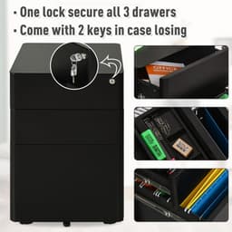 image-3 Draw Metal Filing Cabinet Lockable 4 Wheel Compact Under Desk Black Vinsetto