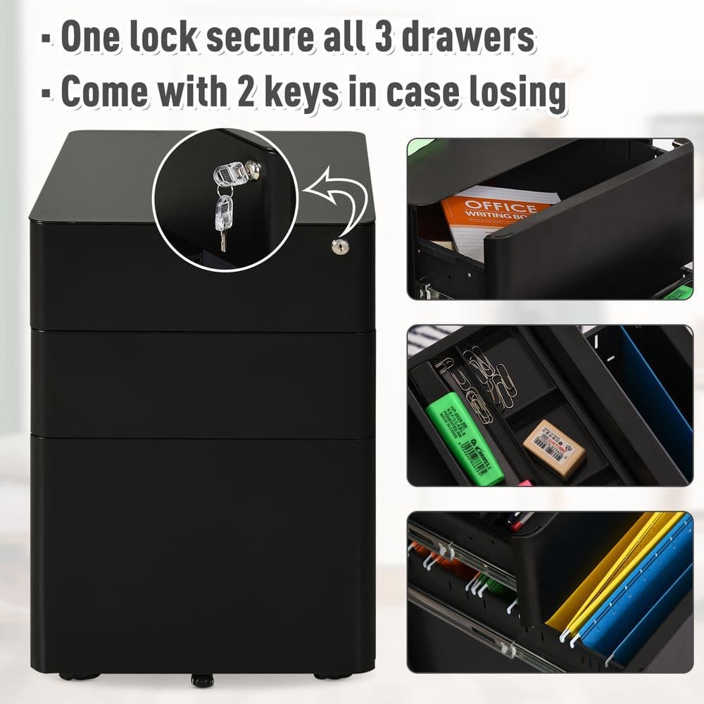 image-3 Draw Metal Filing Cabinet Lockable 4 Wheel Compact Under Desk Black Vinsetto