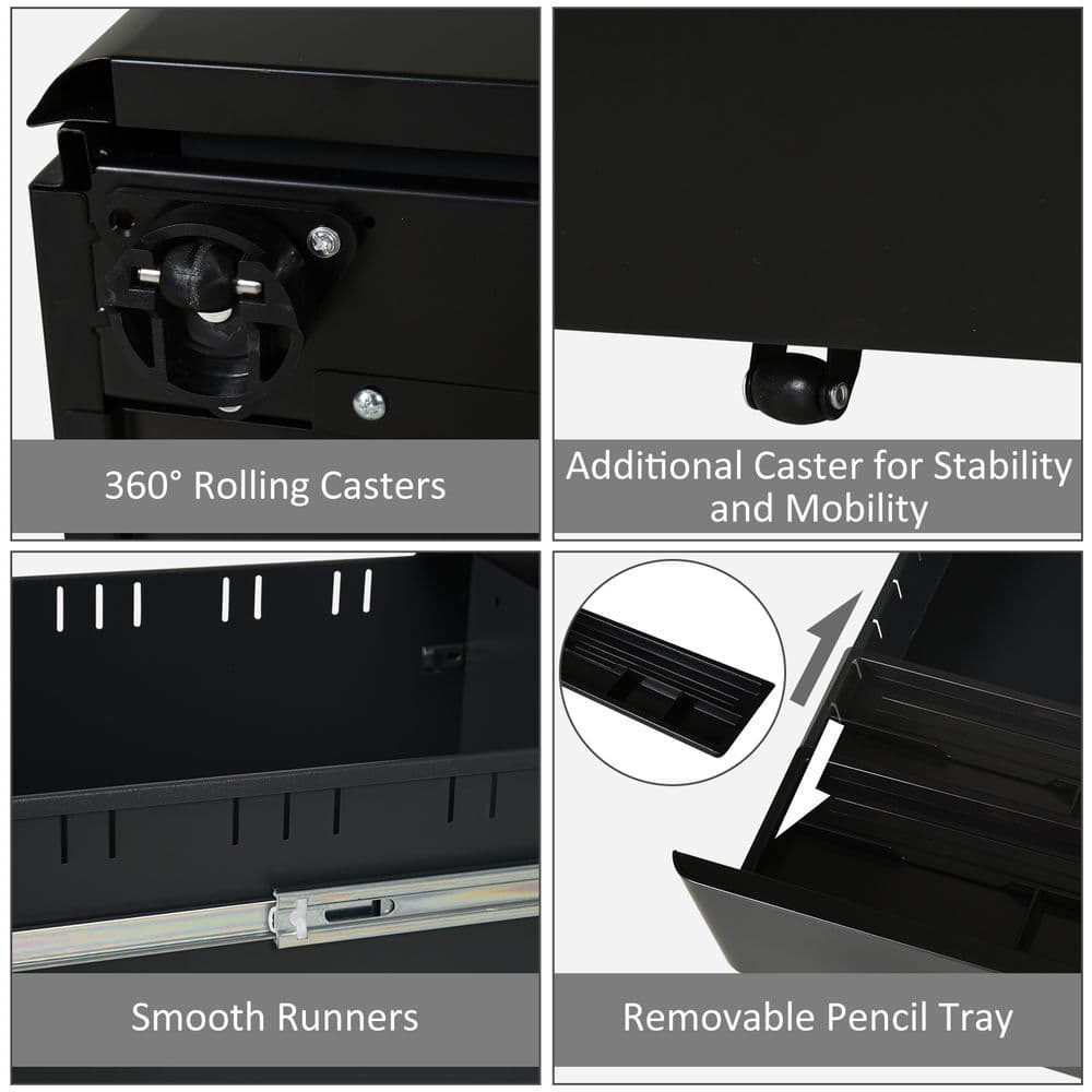 image-3 Draw Metal Filing Cabinet Lockable 4 Wheel Compact Under Desk Black Vinsetto