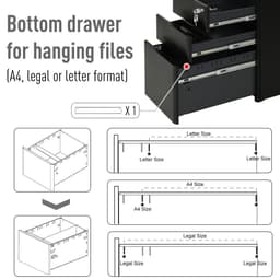 image-3 Draw Metal Filing Cabinet Lockable 4 Wheel Compact Under Desk Black Vinsetto