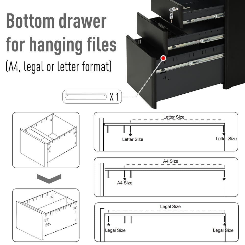 image-3 Draw Metal Filing Cabinet Lockable 4 Wheel Compact Under Desk Black Vinsetto