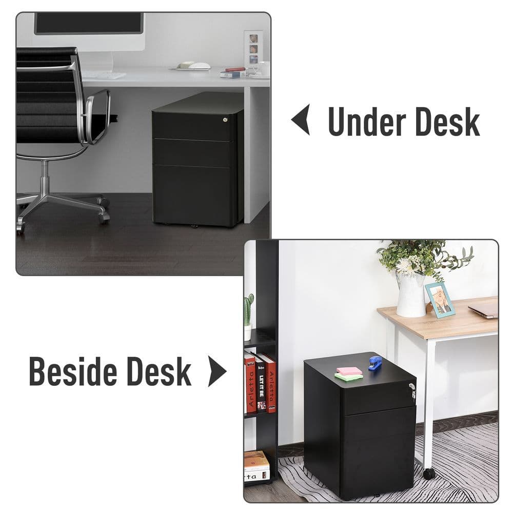 image-3 Draw Metal Filing Cabinet Lockable 4 Wheel Compact Under Desk Black Vinsetto