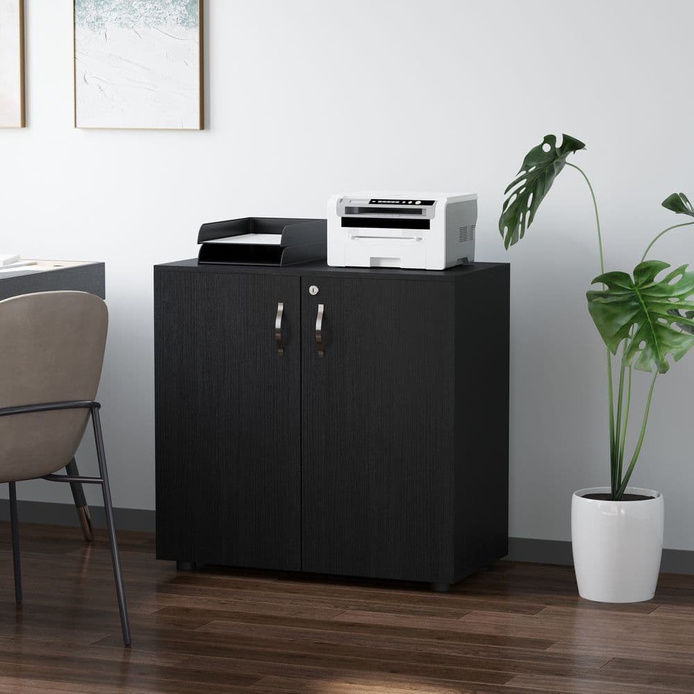 image-2-Tier Locking Office Storage Cabinet File Organisation w/ 2 Keys Black HOMCOM