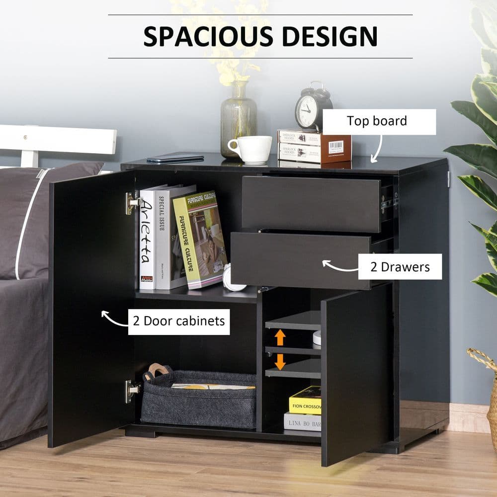 image-Side Cabinet with 2 Door Cabinet and 2 Drawer for Home Office Black
