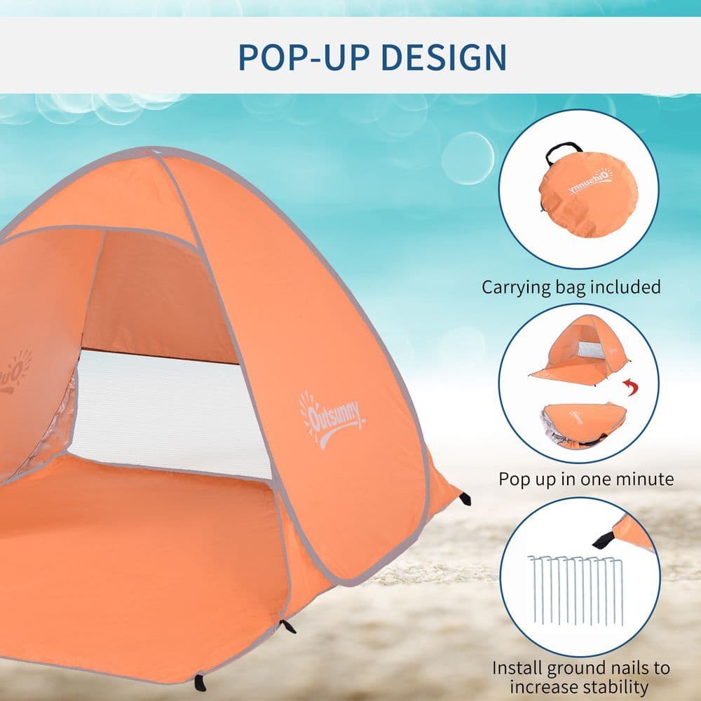 image-Beach Tent Instant Camping Pop up Tent Sun Shade Shelter, Orange Outsunny