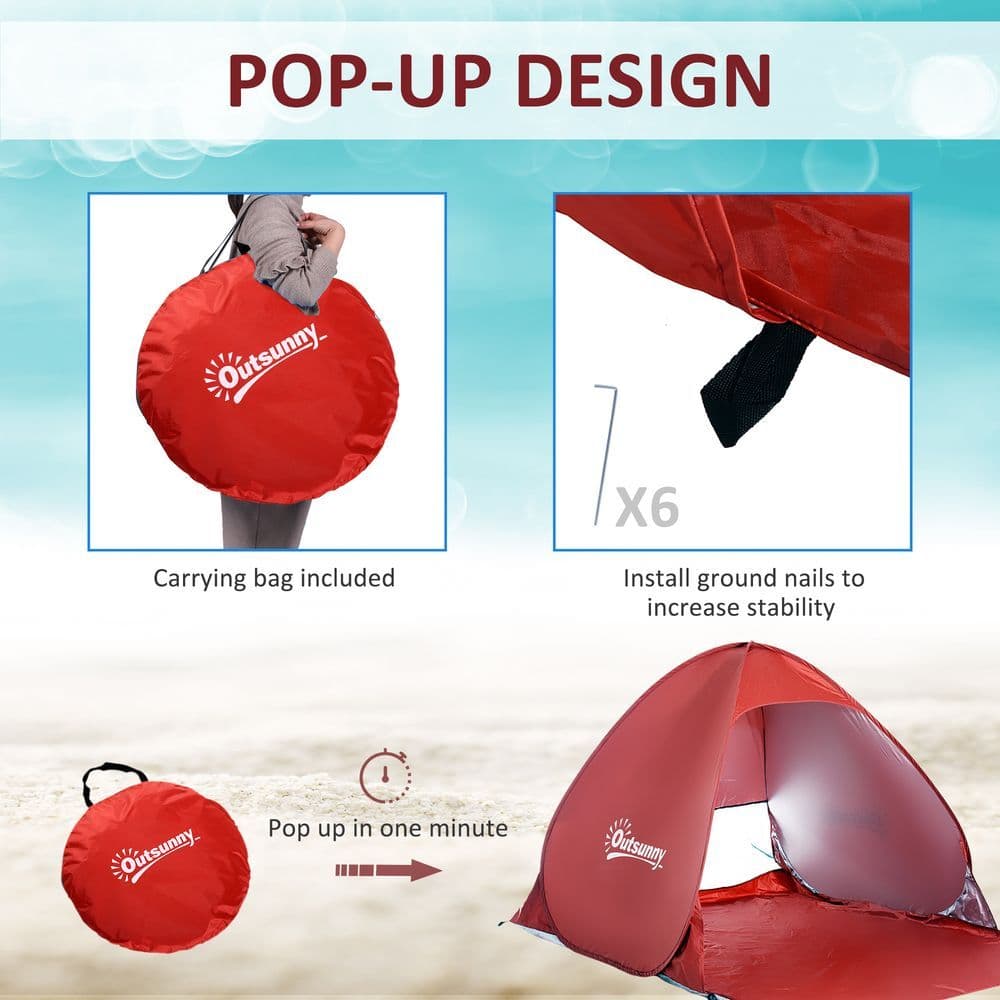 image-Beach Tent Instant Camping Pop up Tent Sun Shade Shelter, Red Outsunny