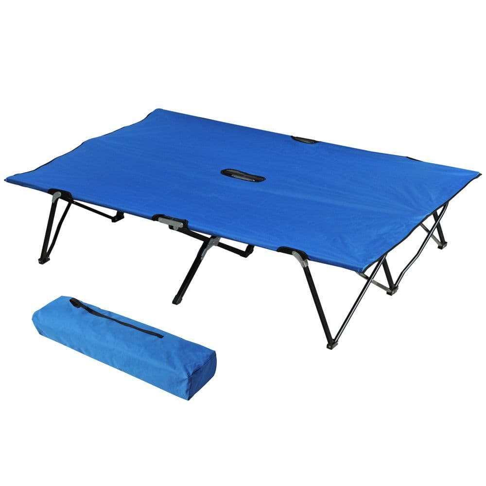 image-Double Camping Folding Cot Outdoor Portable Sunbed w/ Carry Bag, Blue Outsunny