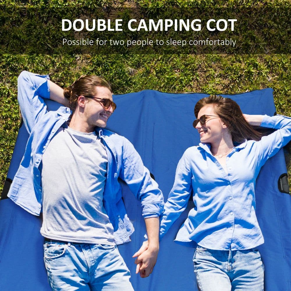 image-Double Camping Folding Cot Outdoor Portable Sunbed w/ Carry Bag, Blue Outsunny
