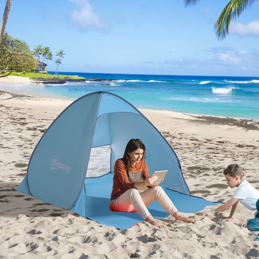 image-Beach Tent Instant Camping Pop up Tent Sun Shade Shelter, Blue Outsunny