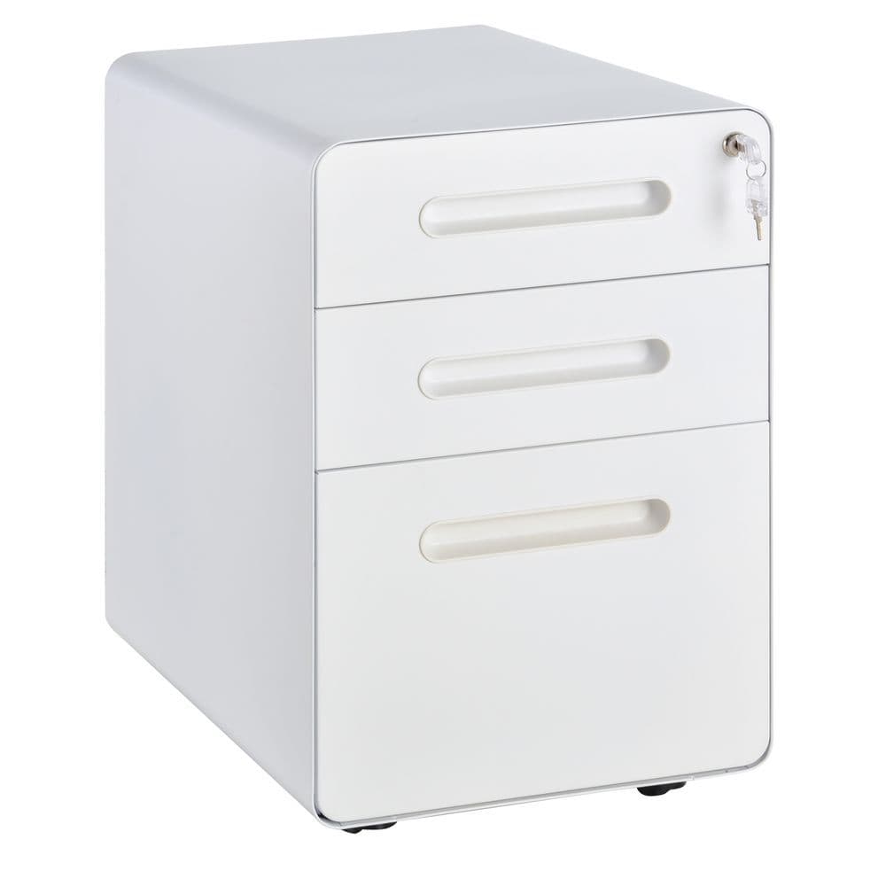 image-3 Draw Modern Steel Filing Cabinet w/ 4 Wheels Lock Pencil Box White Vinsetto