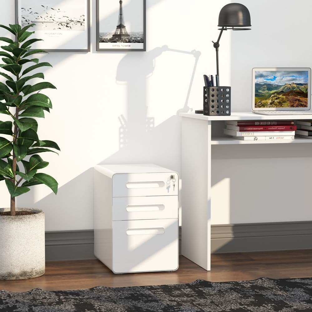image-3 Draw Modern Steel Filing Cabinet w/ 4 Wheels Lock Pencil Box White Vinsetto