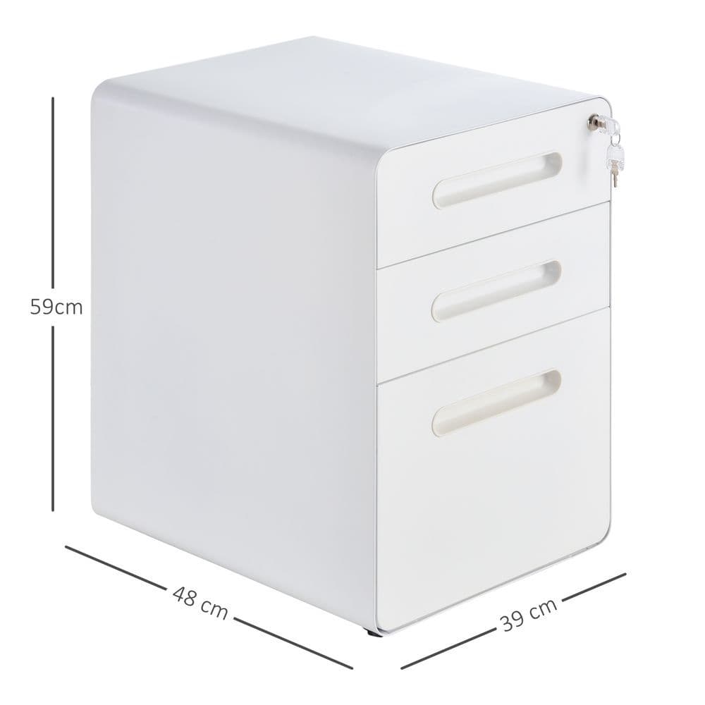 image-3 Draw Modern Steel Filing Cabinet w/ 4 Wheels Lock Pencil Box White Vinsetto
