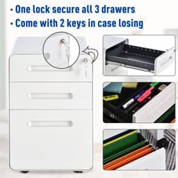 image-3 Draw Modern Steel Filing Cabinet w/ 4 Wheels Lock Pencil Box White Vinsetto