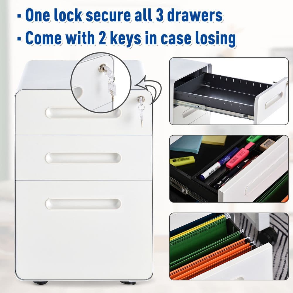 image-3 Draw Modern Steel Filing Cabinet w/ 4 Wheels Lock Pencil Box White Vinsetto